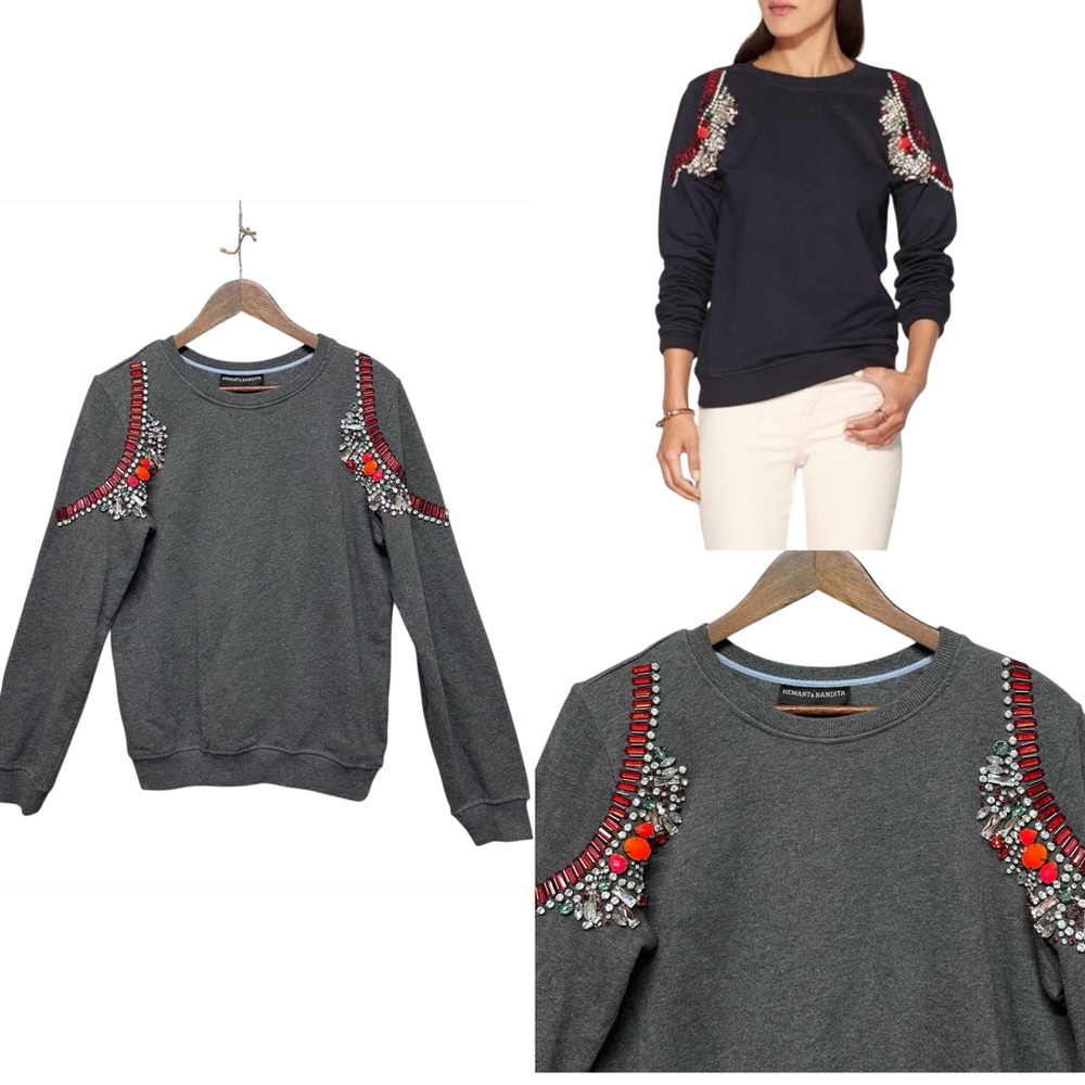 Hemant & Nandita Crystal Jeweled Embellished Sweatshirt Charcoal Gray Women Sz M